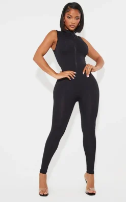 Shape Black Stretch Seamless Zip Front Sleeveless Jumpsuit