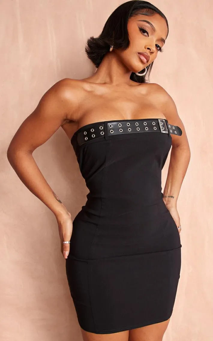 Shape Black Stretch Woven Buckle Detail Dress