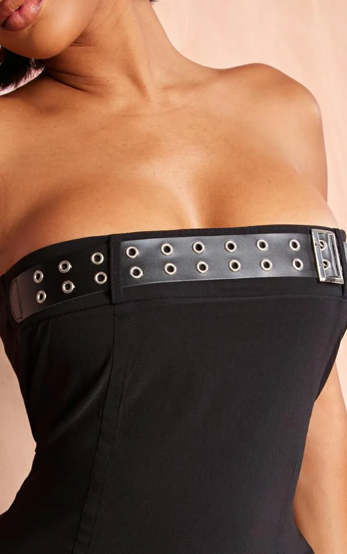 Shape Black Stretch Woven Buckle Detail Dress