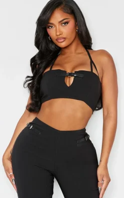 Shape Black Stretch Woven Buckle Halterneck Crop Top