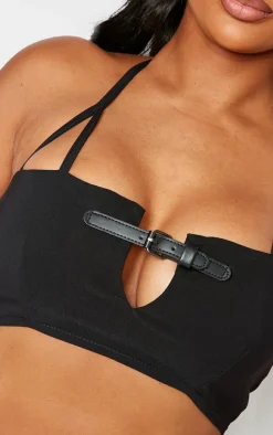 Shape Black Stretch Woven Buckle Halterneck Crop Top