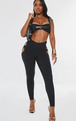 Shape Black Stretch Woven Cut Out Waist Buckle Pants