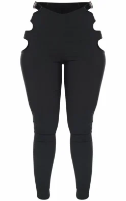 Shape Black Stretch Woven Cut Out Waist Buckle Pants