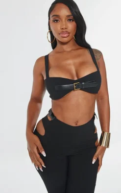 Shape Black Stretch Woven Buckle Detail Crop Top