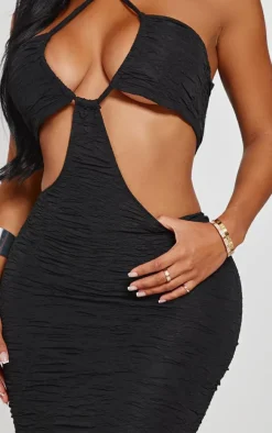 Shape Black Textured Cross Over Halter Neck Cut Out Bodycon Dress