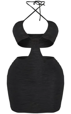 Shape Black Textured Cross Over Halter Neck Cut Out Bodycon Dress