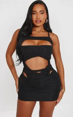Shape Black Textured Cut Out Mini Skirt