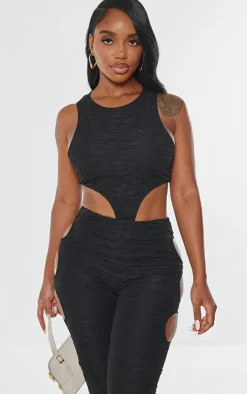 Shape Black Textured Cut Out Sleeveless Bodysuit