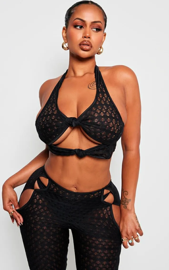 Shape Black Textured Halterneck Cut Out Top