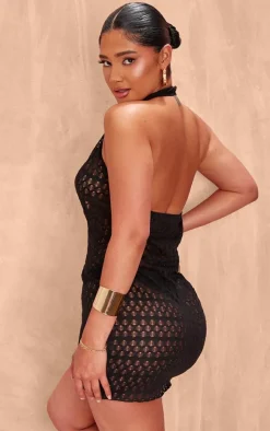 Shape Black Textured Halterneck Plunge Mini Dress