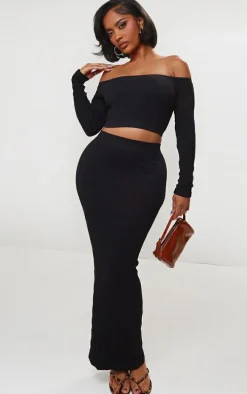 Shape Black Textured Seamless Bardot Long Sleeve Crop Top