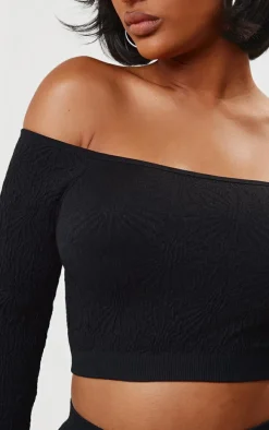 Shape Black Textured Seamless Bardot Long Sleeve Crop Top