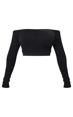 Shape Black Textured Seamless Bardot Long Sleeve Crop Top