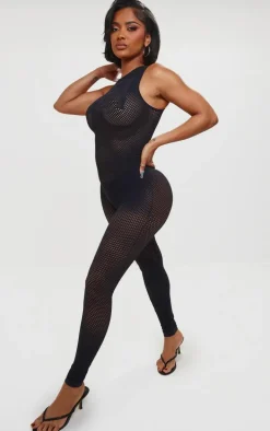 Shape Black Textured Seamless Wet Sleeveless Jumpsuit