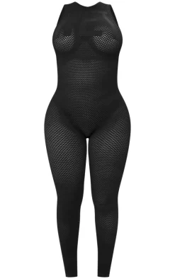 Shape Black Textured Seamless Wet Sleeveless Jumpsuit