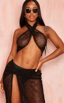 Shape Black Textured Sequin Halterneck Bandeau