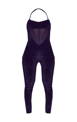 Shape Black Velvet Corset Detail Halterneck Jumpsuit