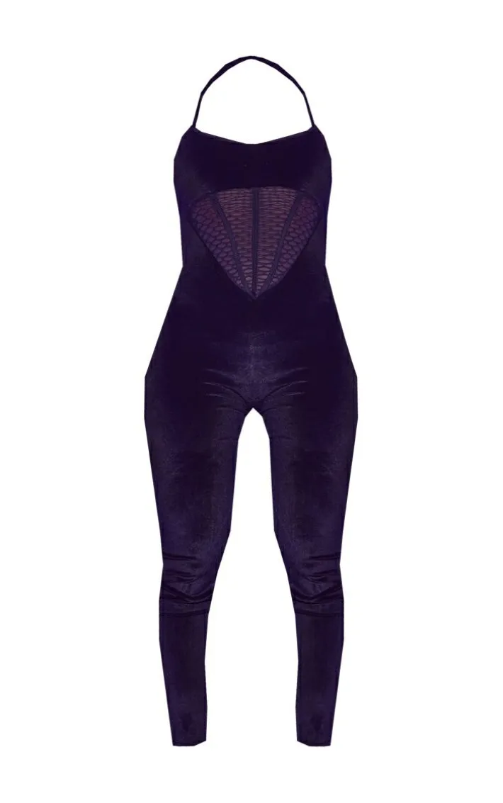 Shape Black Velvet Corset Detail Halterneck Jumpsuit