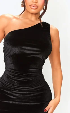 Shape Black Velvet One Shoulder Ruched Side Bodycon Dress
