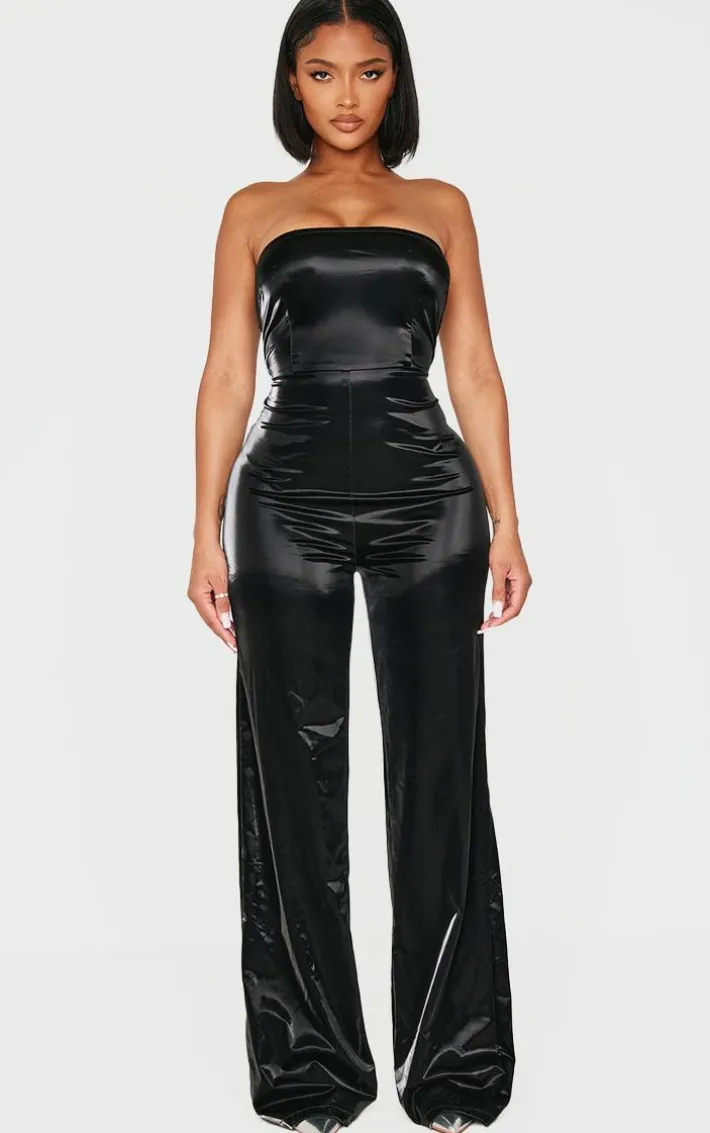 Shape Black Wet Look Bandeau Wide Leg Jumpsuit