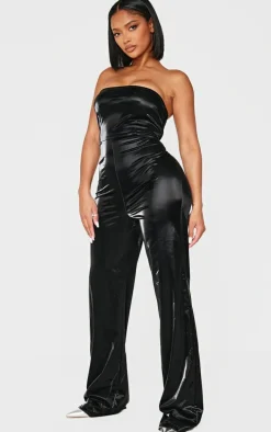 Shape Black Wet Look Bandeau Wide Leg Jumpsuit