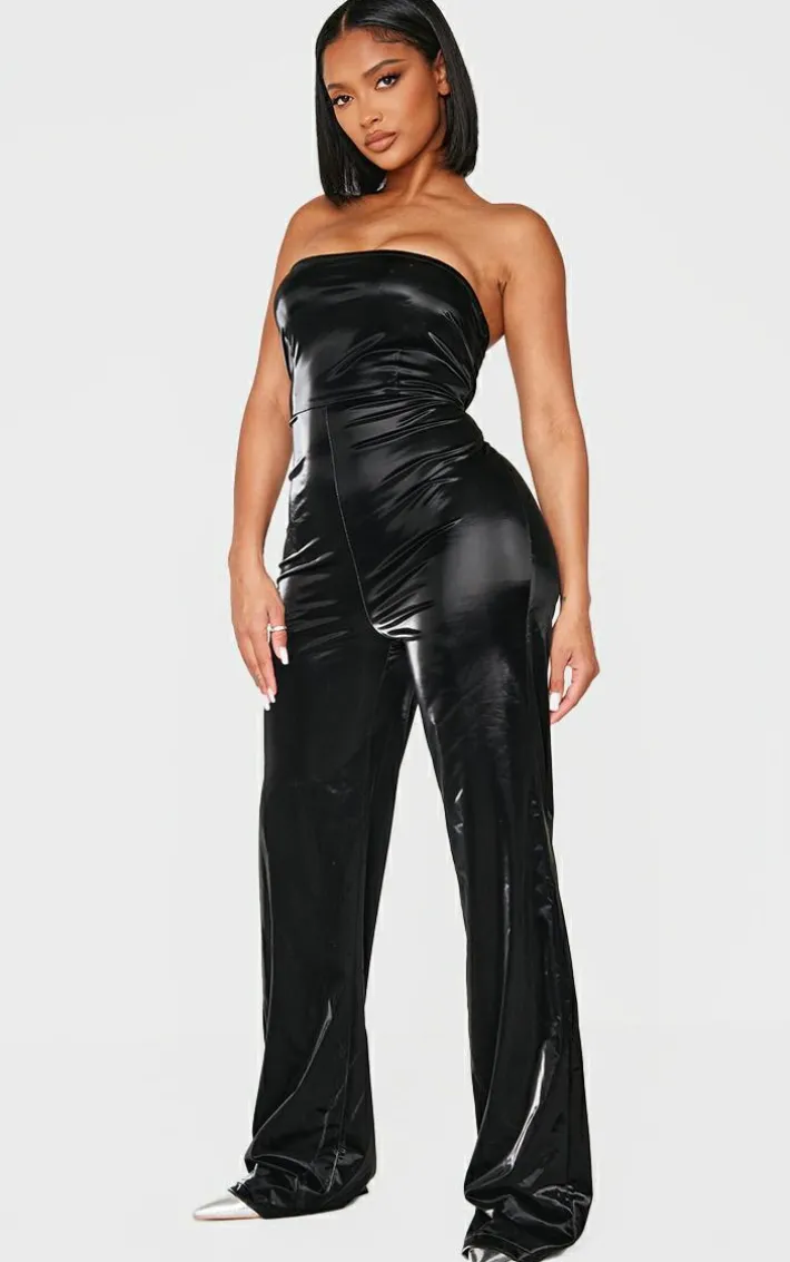 Shape Black Wet Look Bandeau Wide Leg Jumpsuit