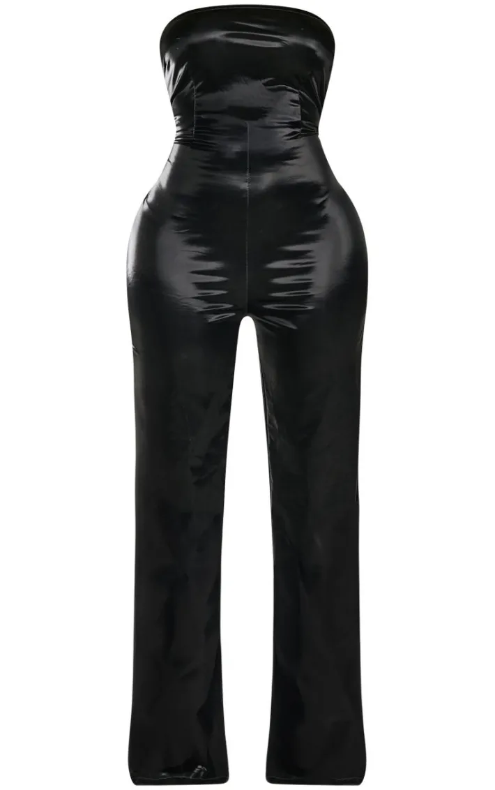 Shape Black Wet Look Bandeau Wide Leg Jumpsuit