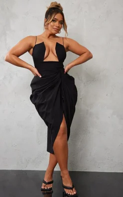 Shape Black Woven Cut Out Detail Ruched Midi Dress