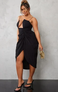 Shape Black Woven Cut Out Detail Ruched Midi Dress