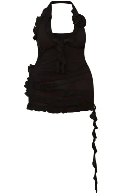 Shape Black Woven Halterneck Frill Detail Mini Dress
