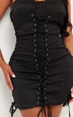 Shape Black Woven Lace Up Corset Bandeau Bodycon Dress