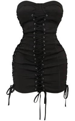 Shape Black Woven Lace Up Corset Bandeau Bodycon Dress