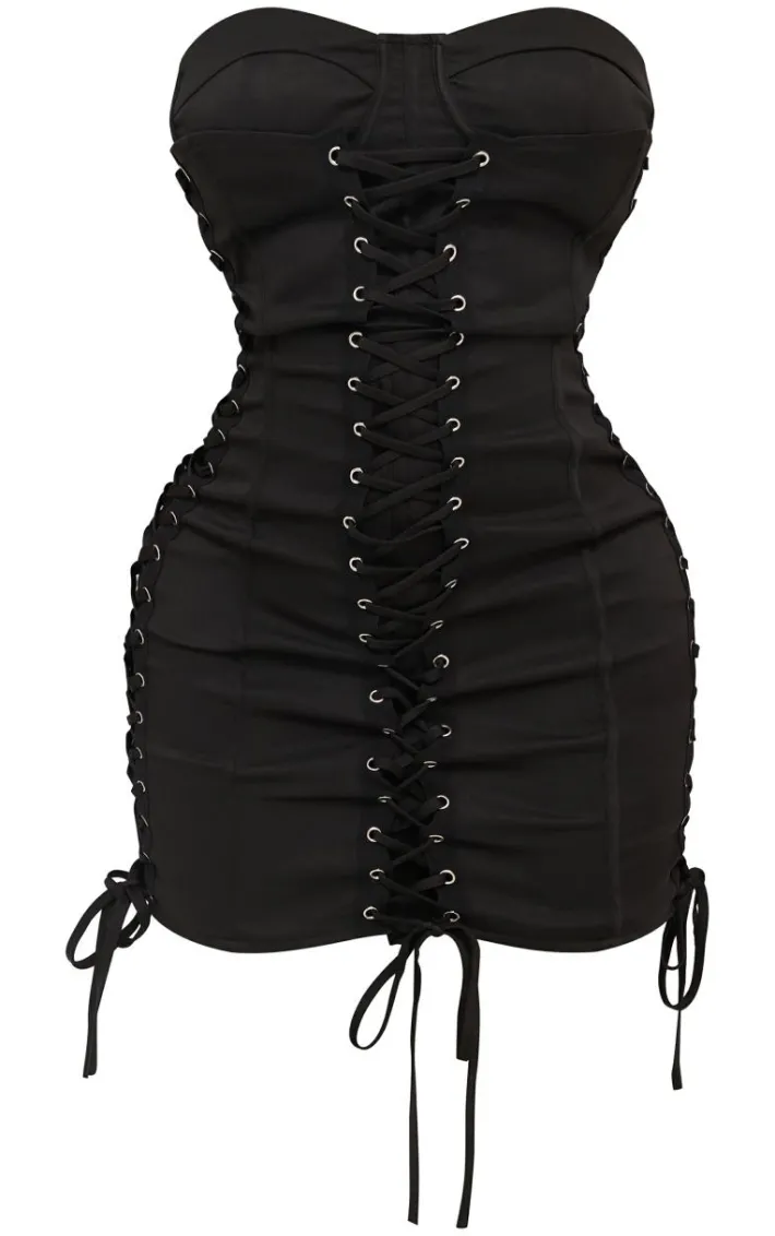 Shape Black Woven Lace Up Corset Bandeau Bodycon Dress