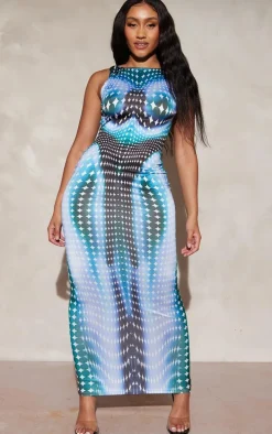 Shape Blue Abstract Print Sleeveless Low Back Midaxi Dress