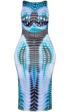 Shape Blue Abstract Print Sleeveless Low Back Midaxi Dress