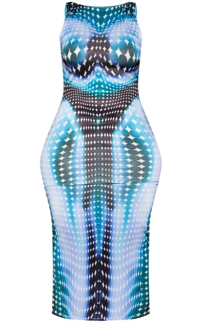 Shape Blue Abstract Print Sleeveless Low Back Midaxi Dress