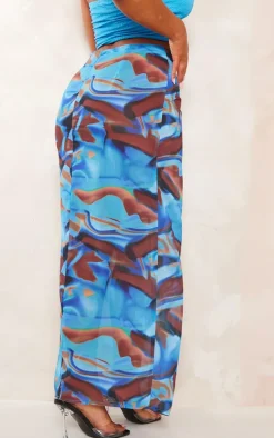 Shape Blue Abstract Print Woven Low Rise Maxi Skirt