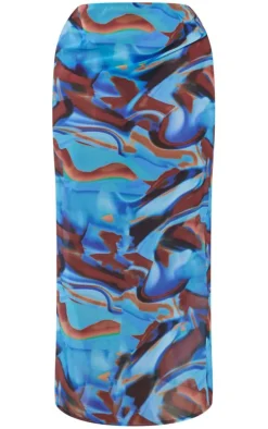 Shape Blue Abstract Print Woven Low Rise Maxi Skirt