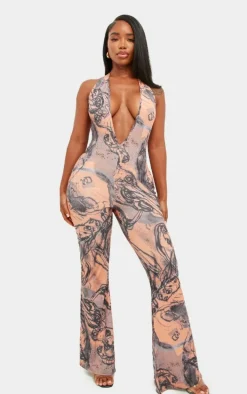 Shape Blue Abstract Printed Slinky Plunge Halterneck Jumpsuit