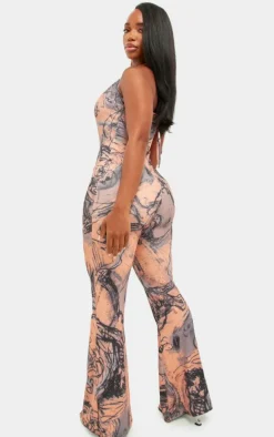 Shape Blue Abstract Printed Slinky Plunge Halterneck Jumpsuit