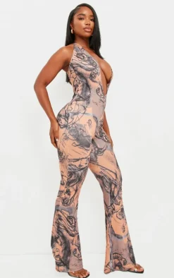 Shape Blue Abstract Printed Slinky Plunge Halterneck Jumpsuit