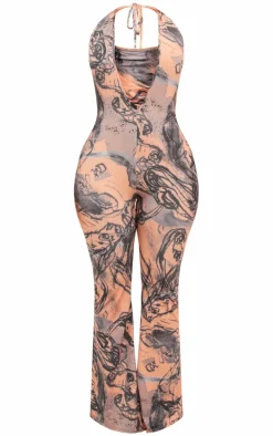 Shape Blue Abstract Printed Slinky Plunge Halterneck Jumpsuit