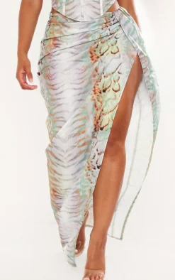 Shape Blue Animal Printed Woven Wrap Maxi Skirt