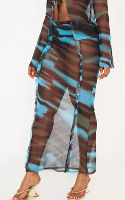 Shape Blue Animal Printed Mesh Ruffle Detail Maxi Skirt