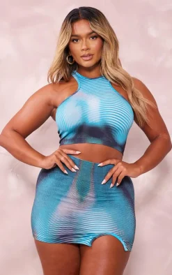 Shape Blue Body Print Split Side Mini Skirt