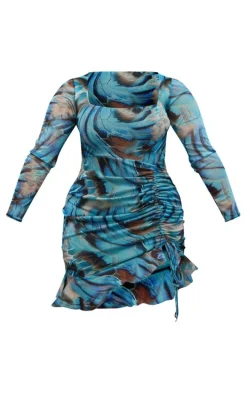 Shape Blue Butterfly Print Mesh Long Sleeve Ruched Side Frill Hem Bodycon Dress