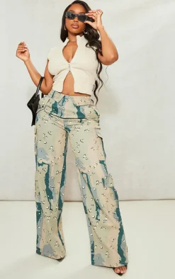 Shape Blue Camo Cargo Fold Waistband Pocket Detail Pants