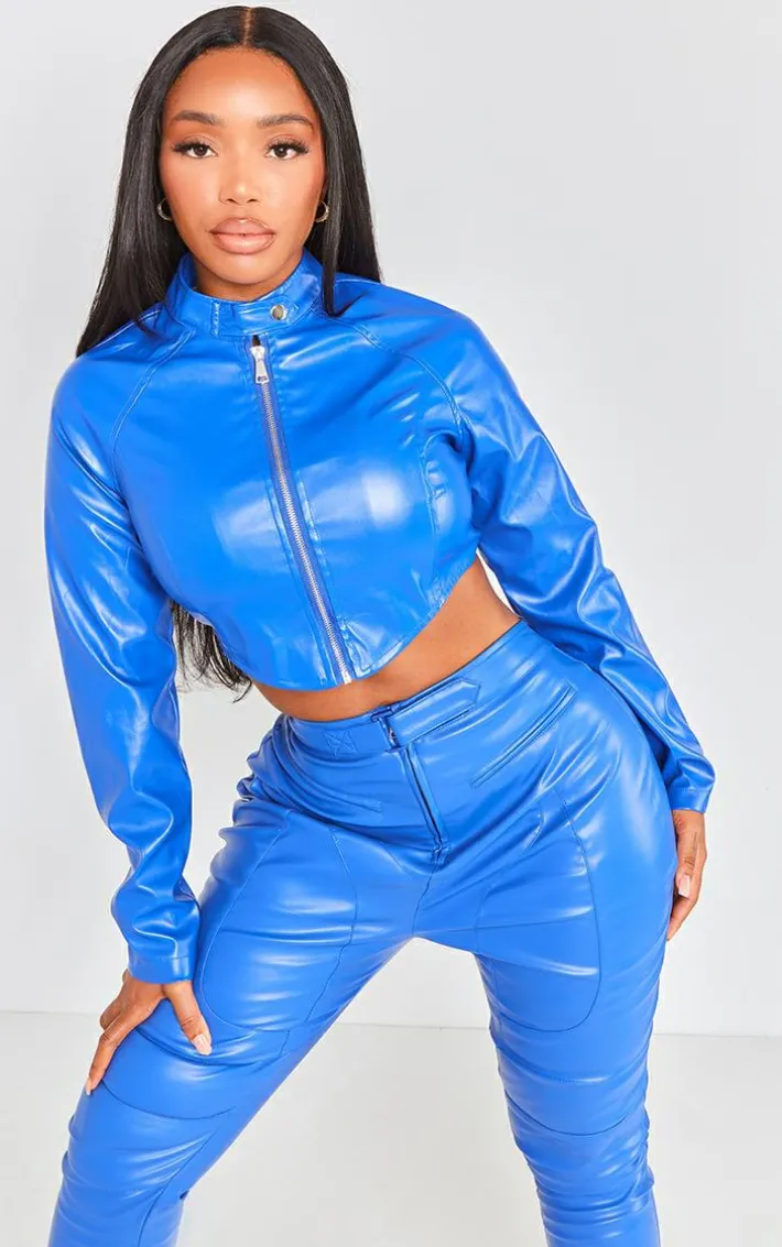 Shape Blue Faux Leather Cropped Biker Jacket