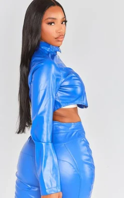 Shape Blue Faux Leather Cropped Biker Jacket