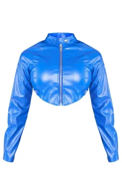 Shape Blue Faux Leather Cropped Biker Jacket